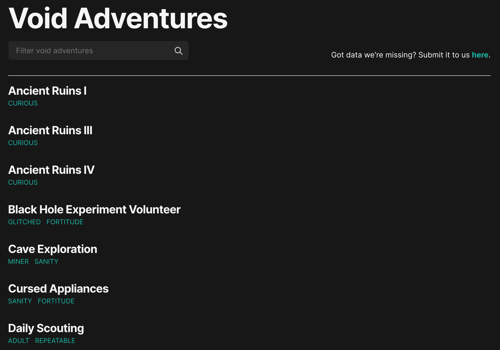 Void Adventures List